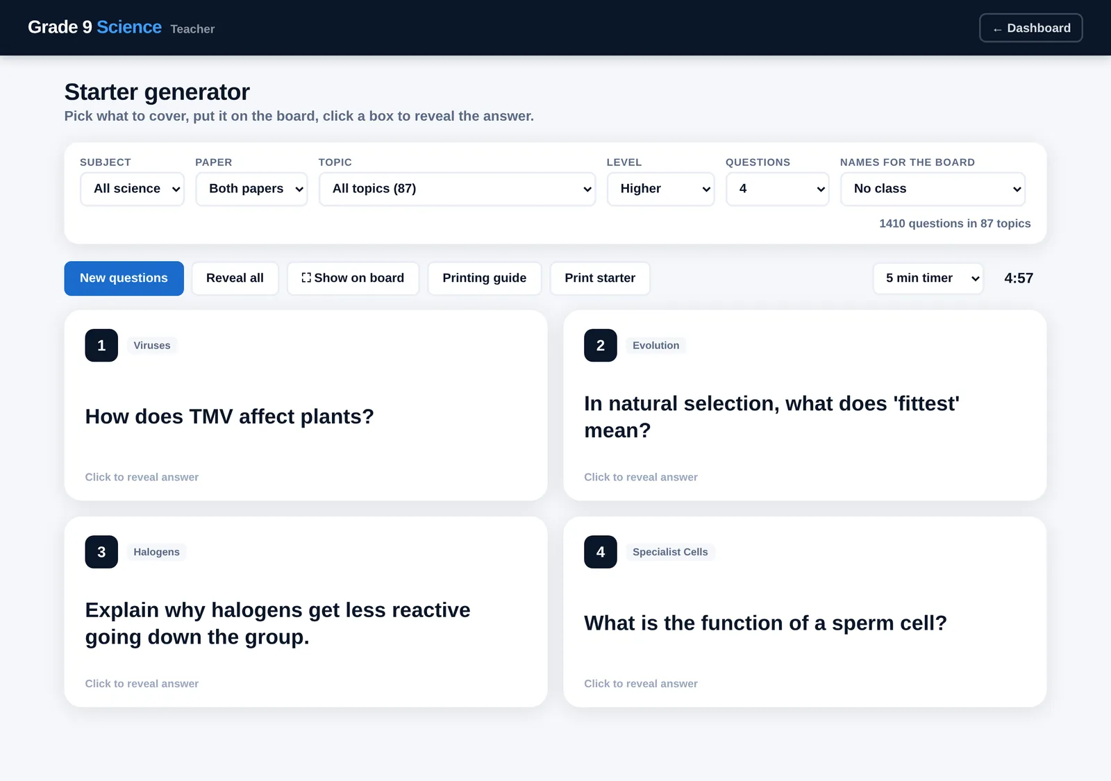 Starter generator showing four retrieval questions ready for the board